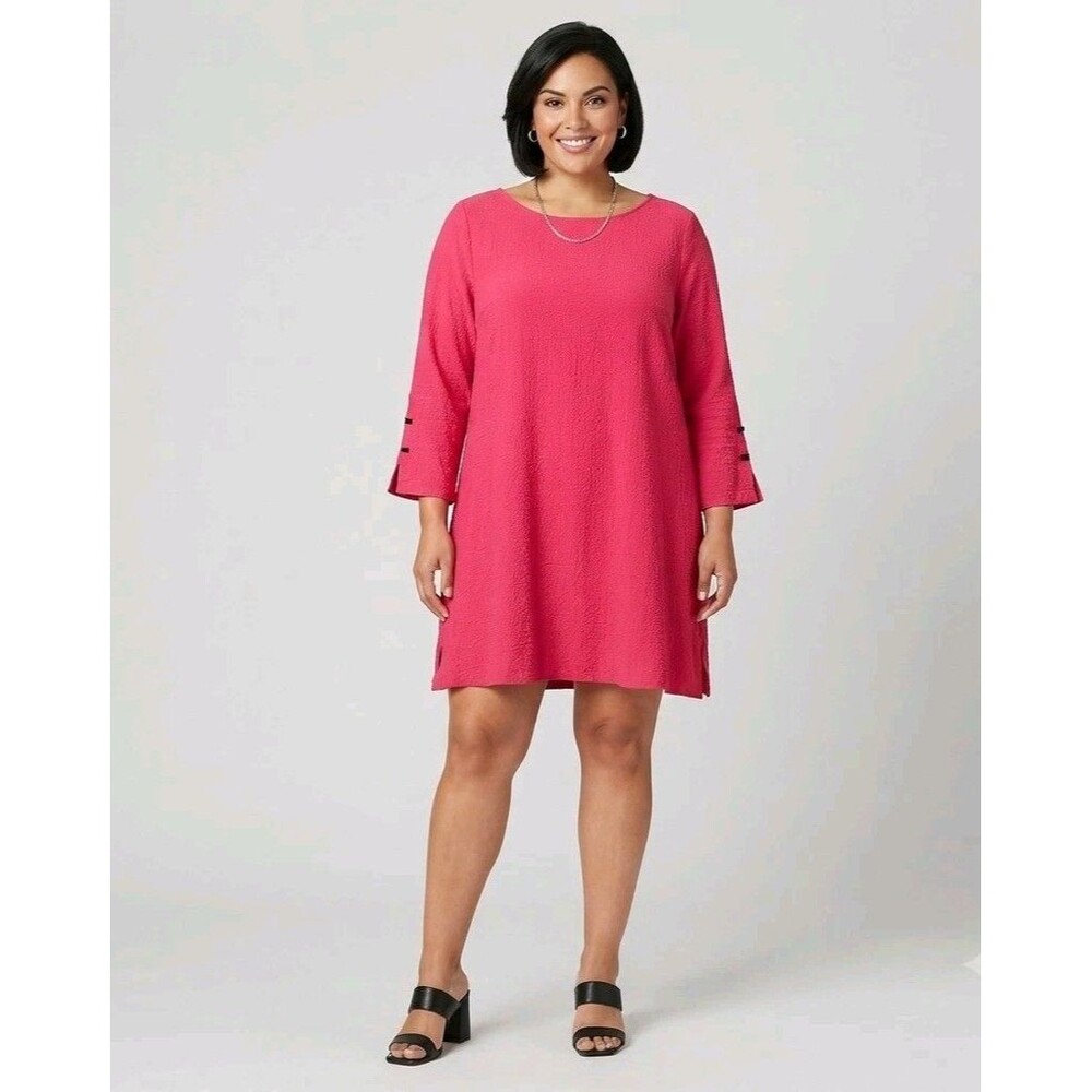 Ali Miles Women’s Plus Size 2X Tunic Dress Hot Pink Textured 3/4 Sleeve Button